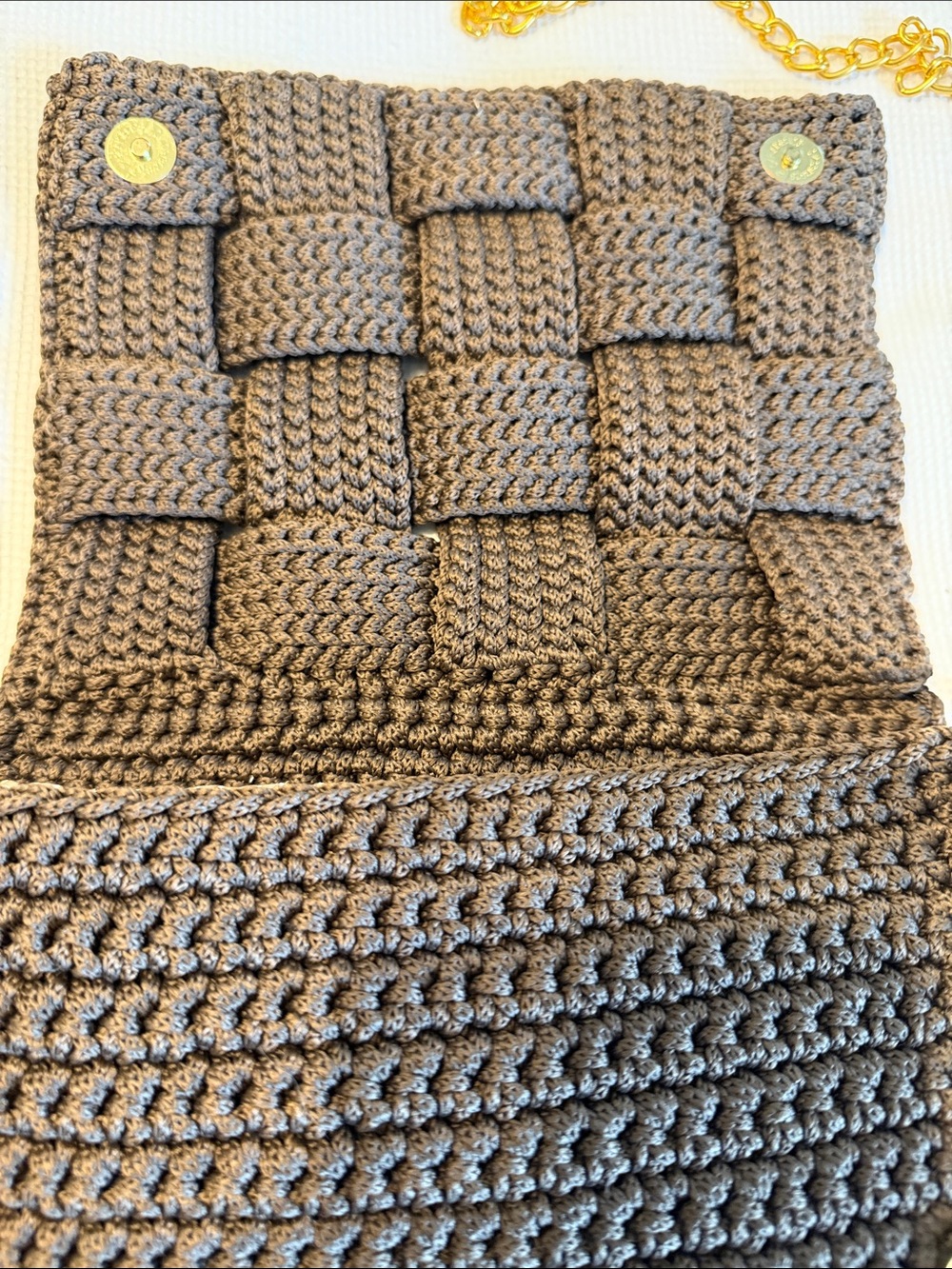 Handmade Woven Crochet Crossbody Bag - Brown and Golden Chain - Picture 9 of 15